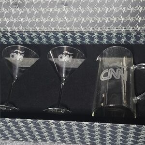 Rare Engraved CNN Crystal Martini Glasses w/ Glass Water Pitcher Large Boxed Set